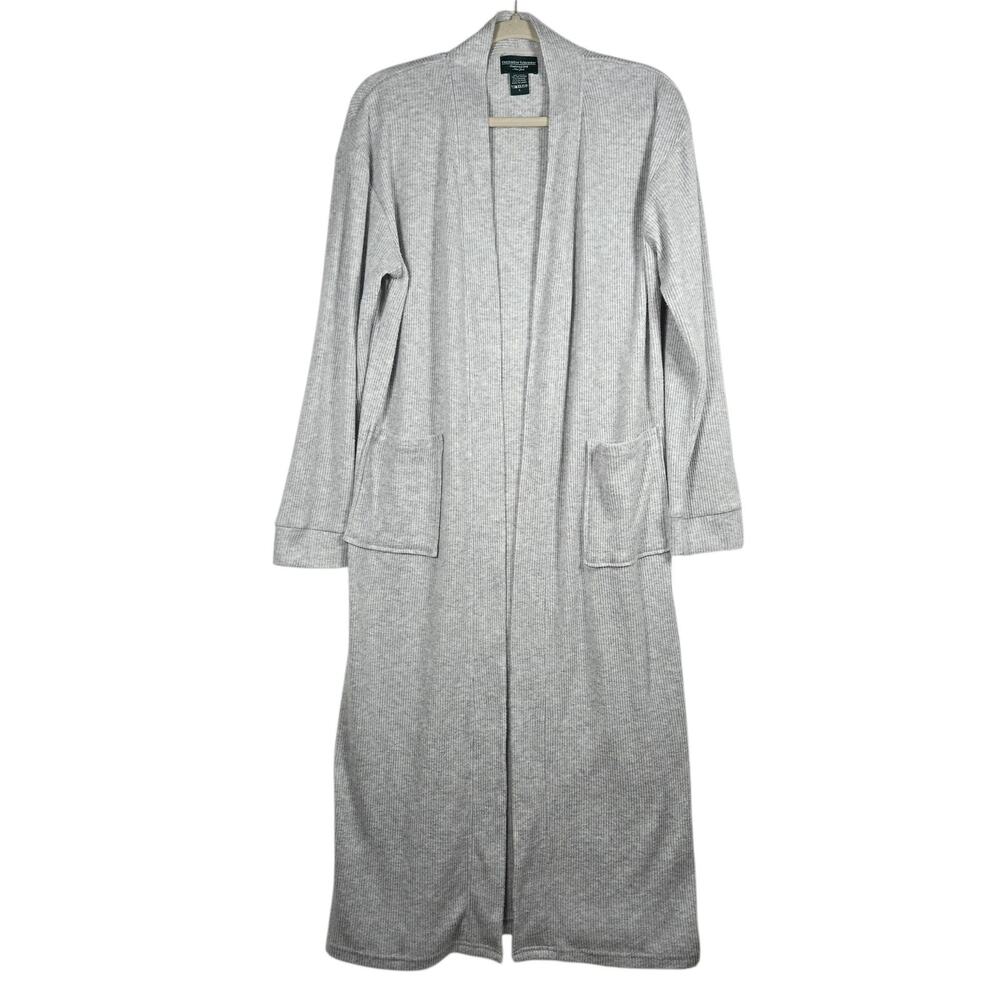 Hammacher Schlemmer Cardigan Large Long Line Ribbed Knit Duster Open Sweater‎